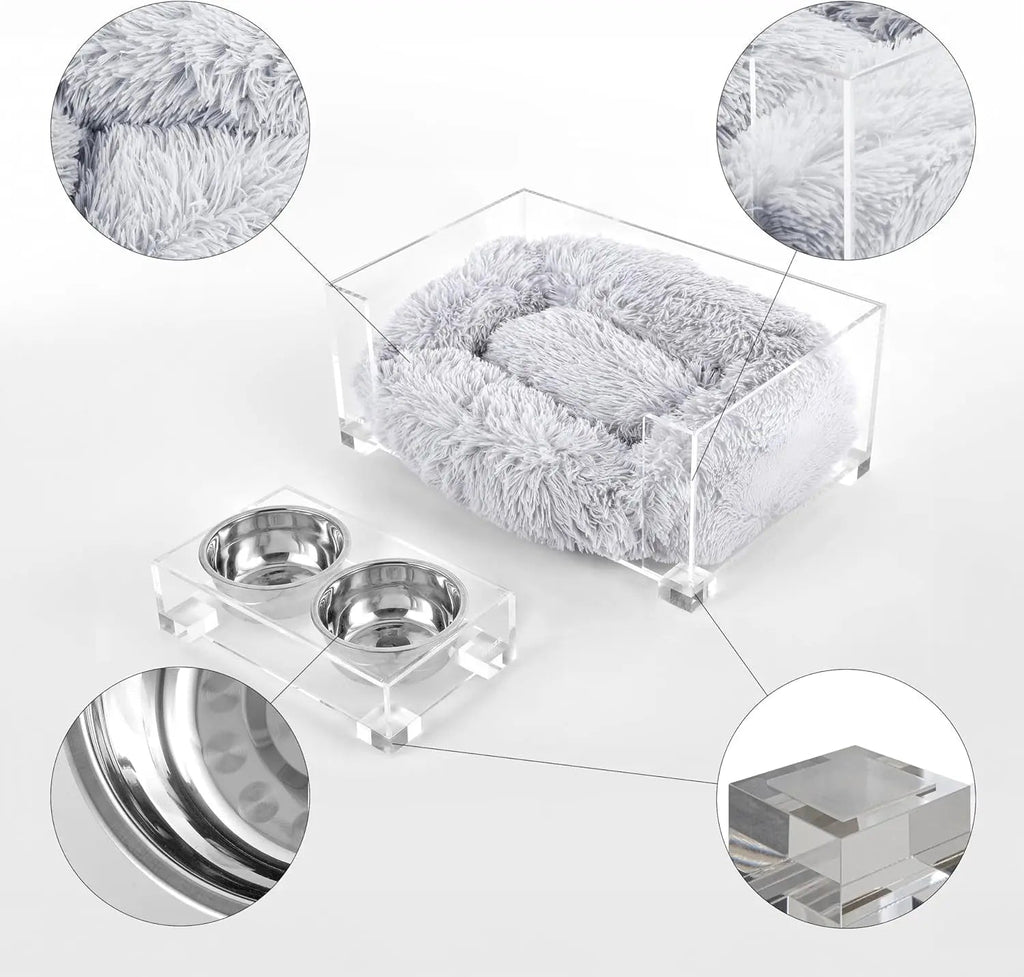 Acrylic Pet Bed and Elevated Feeder Set for Cats & Small Dogs