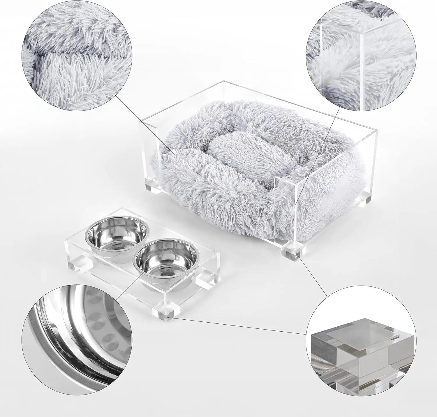 Acrylic Pet Bed and Elevated Feeder Set for Cats & Small Dogs