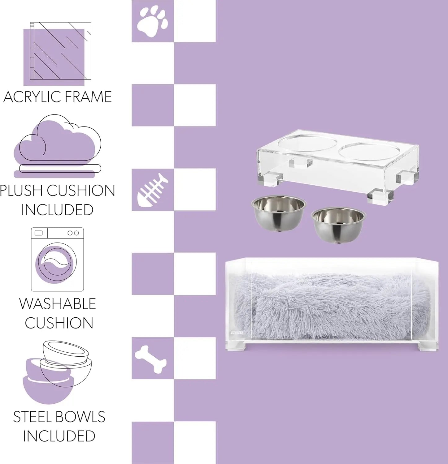 Acrylic Pet Bed and Elevated Feeder Set for Cats & Small Dogs