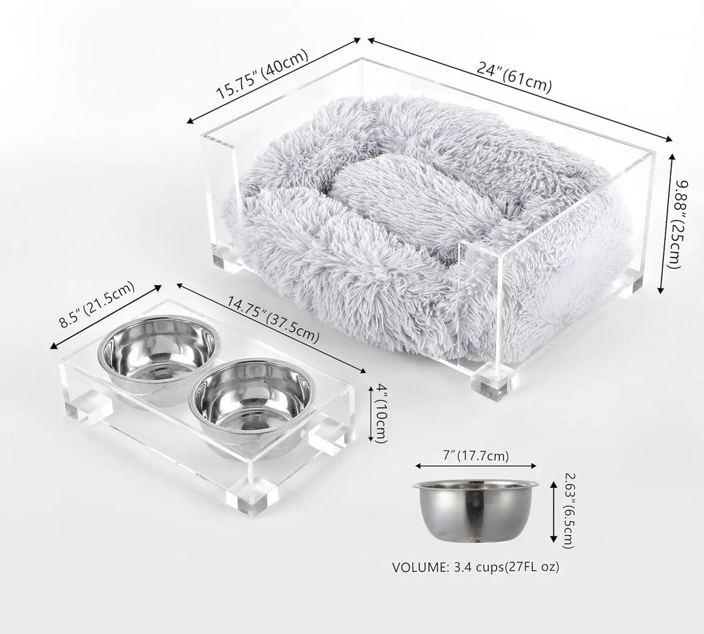 Acrylic Pet Bed and Elevated Feeder Set for Cats & Small Dogs