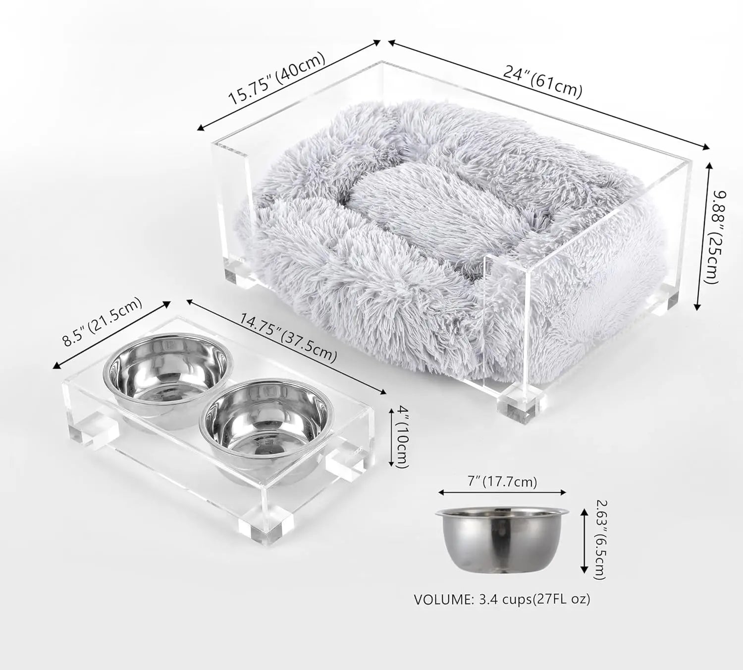 Acrylic Pet Bed and Elevated Feeder Set for Cats & Small Dogs