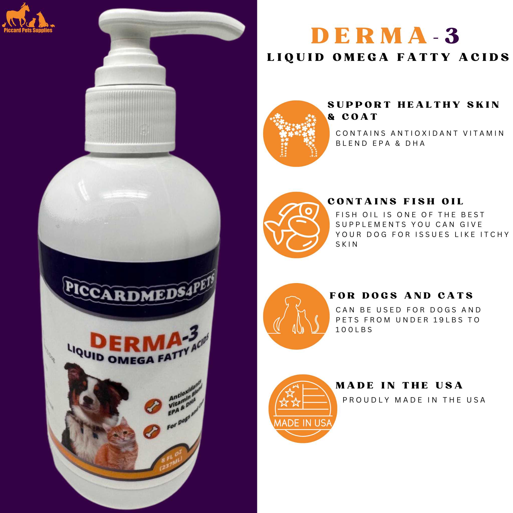 Derma-3 Liquid Skin & Coat Supplement for Dogs and Cats 19–100 lbs