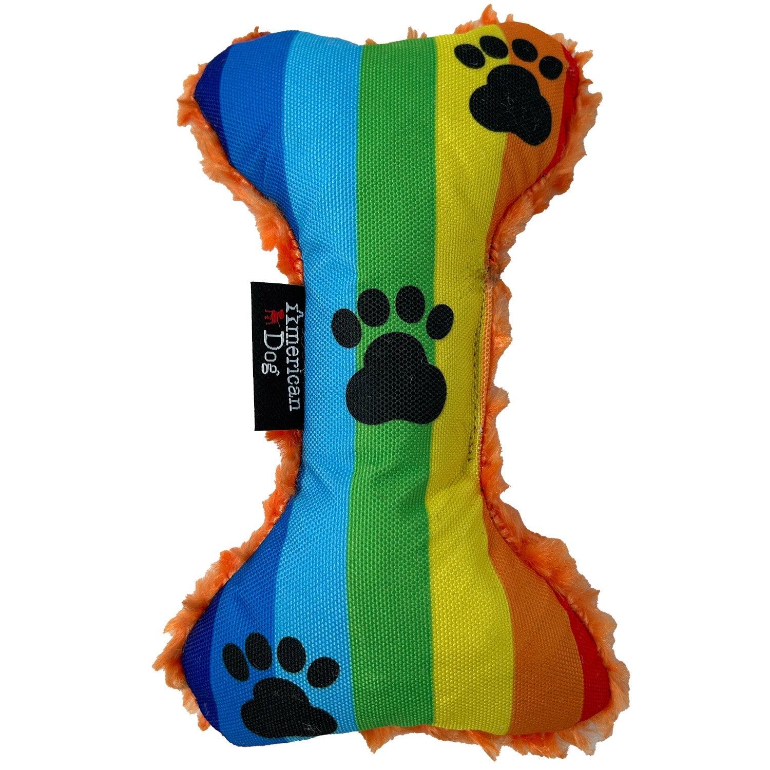 Rainbow Paw Bone Dog Toy – Durable Nylon & Minky Fleece, Squeaky, Floats