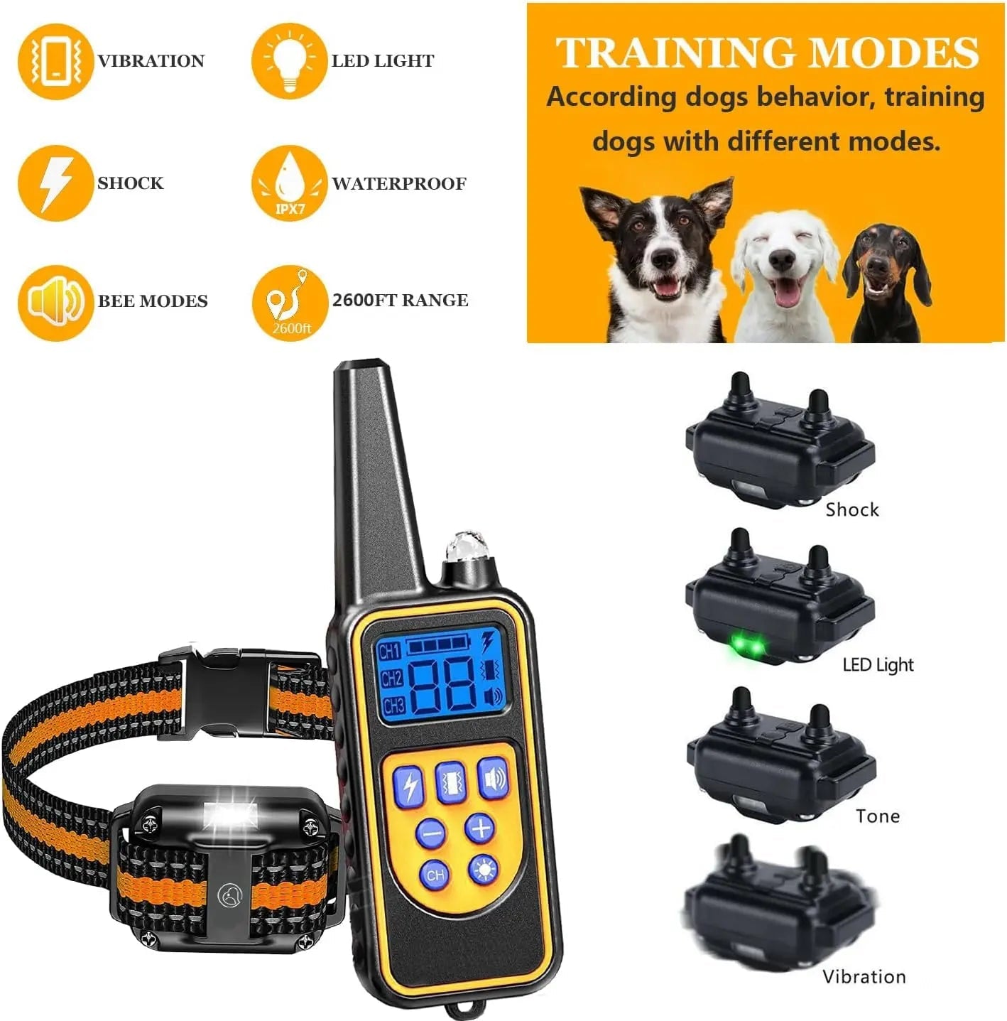 Remote Dog Training Collar with 4 Modes, Waterproof Receiver, 3-Dog Support