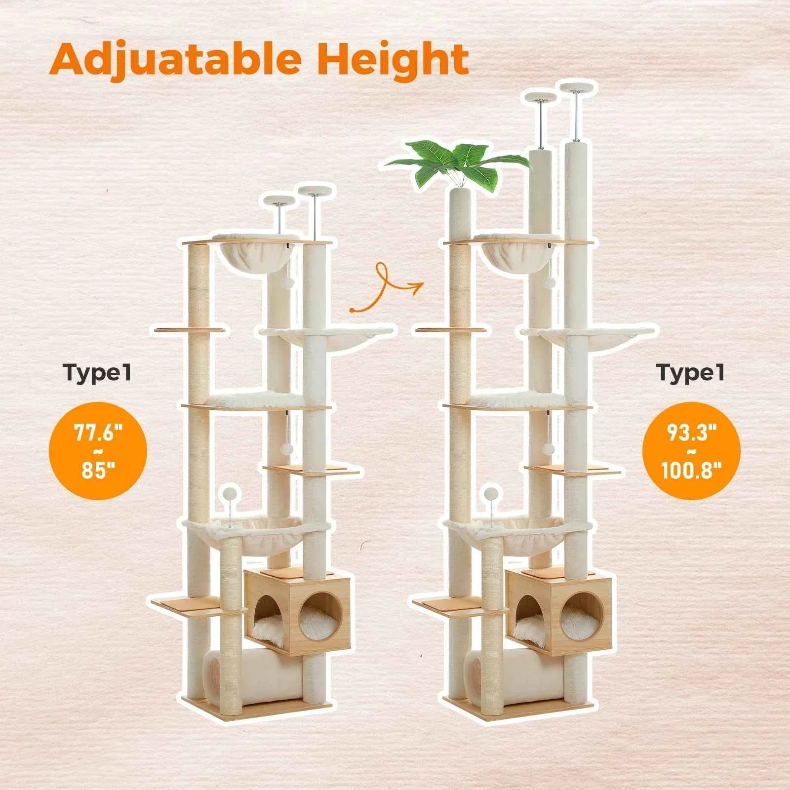 Height-Adjustable Wooden Cat Tree with Hammock and Sisal Posts