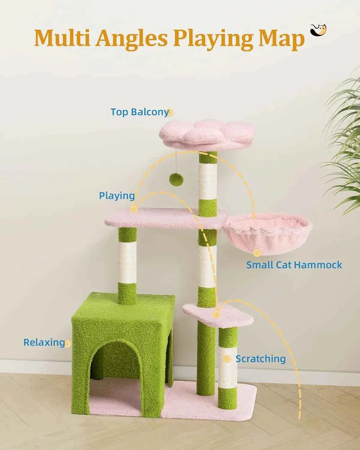 Large Cat Tree with 2-Door Condo, Floral Perch & Hammock