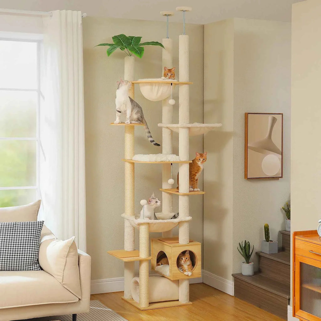 Height-Adjustable Wooden Cat Tree with Hammock and Sisal Posts