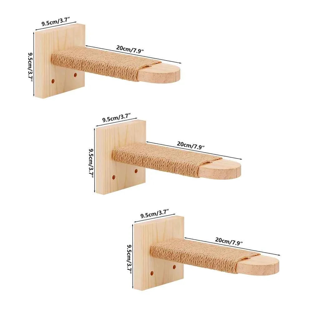 Wooden Cat Wall Steps with Sisal Scratching Post