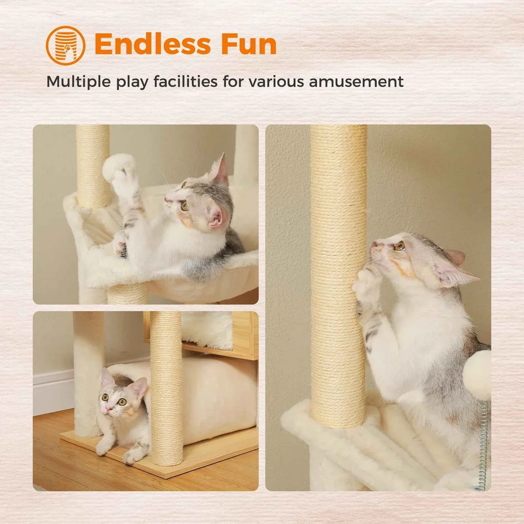 Height-Adjustable Wooden Cat Tree with Hammock and Sisal Posts