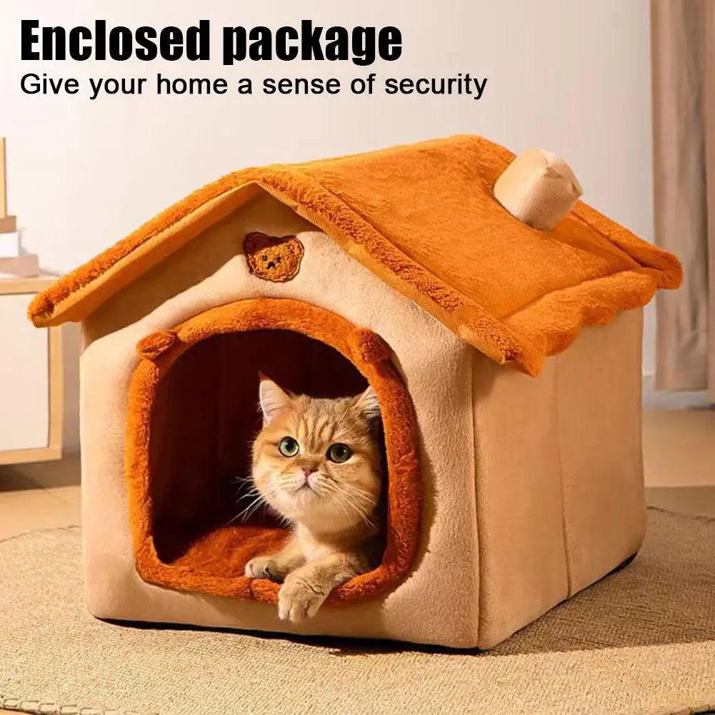 Thick Plush Semi-Enclosed Cat & Small Dog House Bed 13 x 11.8 x 12.6 in (33 x 30 x 32 cm) Removable Washable Cushion Non-Slip Base