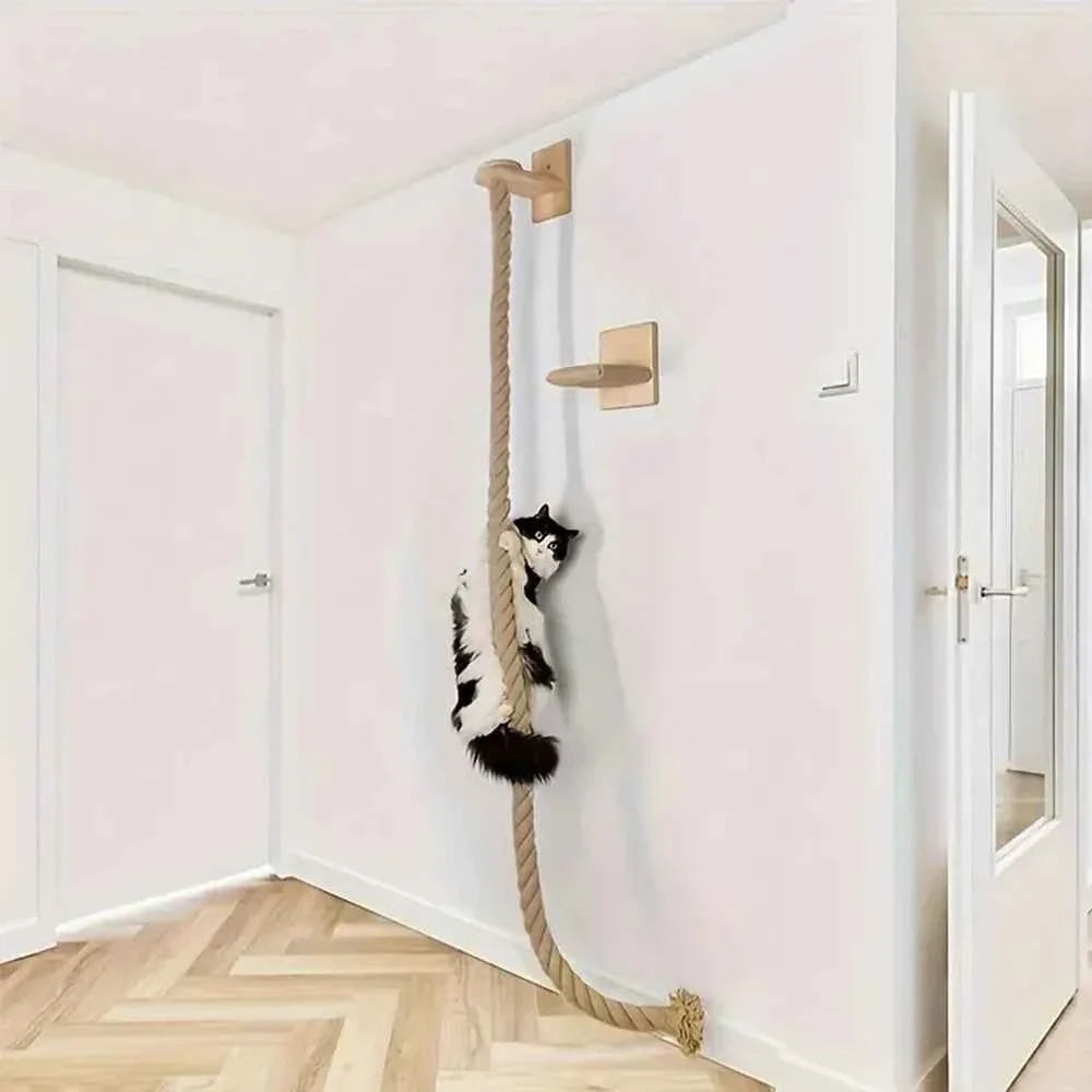 Wall-Mounted Cat Climbing Rope with Solid Wood and Sisal