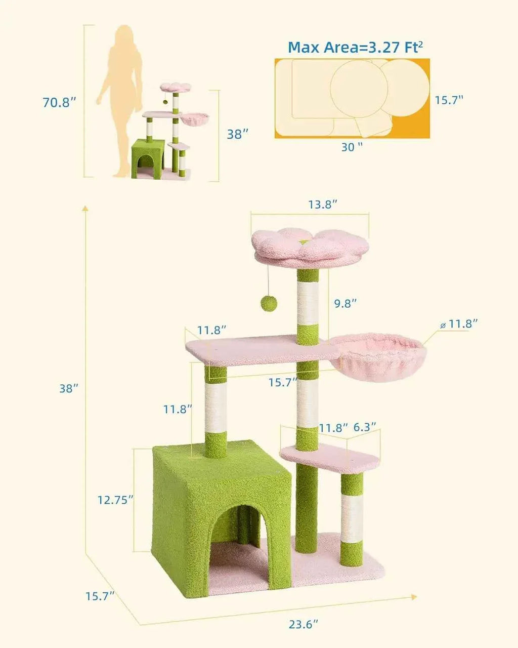 Large Cat Tree with 2-Door Condo, Floral Perch & Hammock