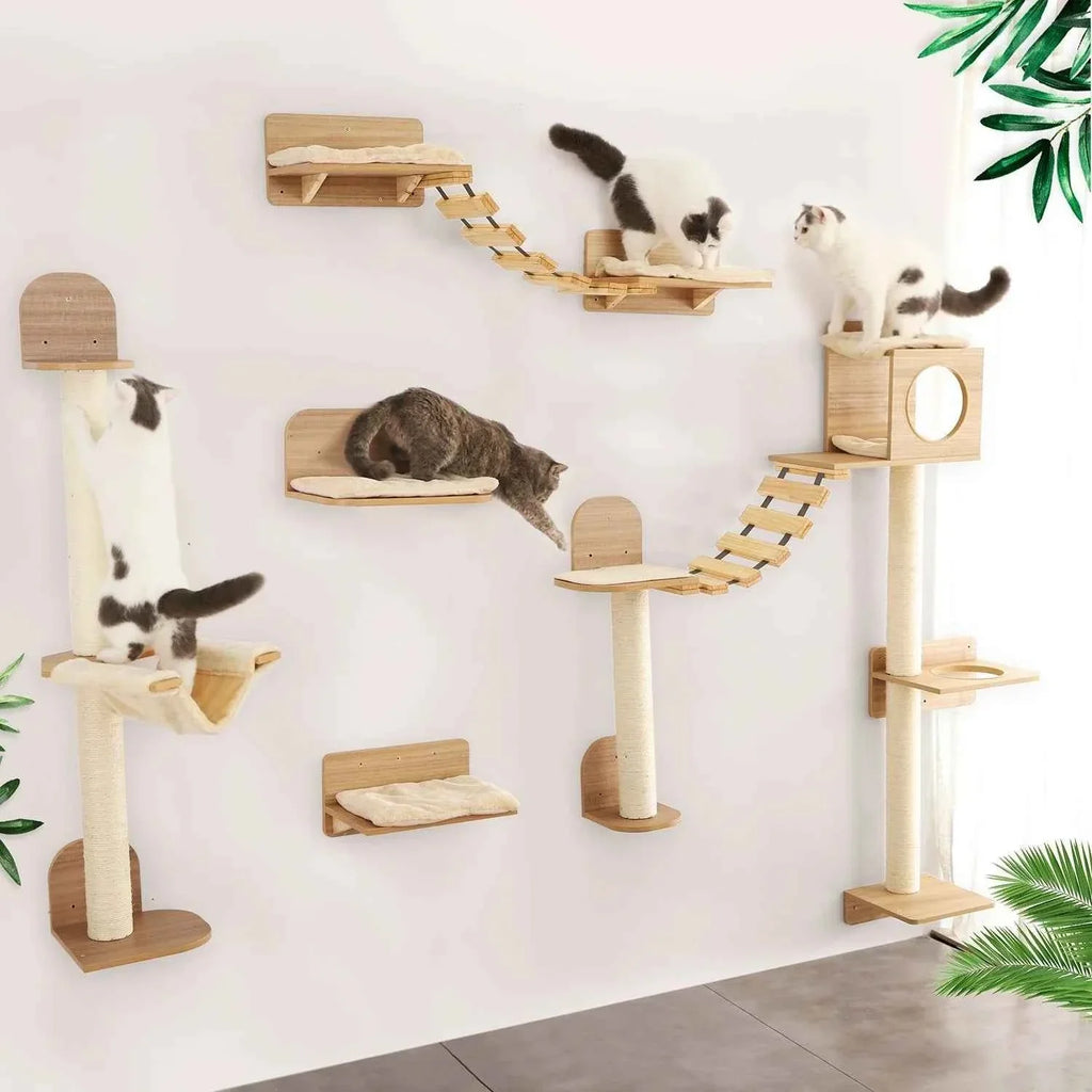 Wall-Mounted Cat Climbing Rope with Solid Wood and Sisal