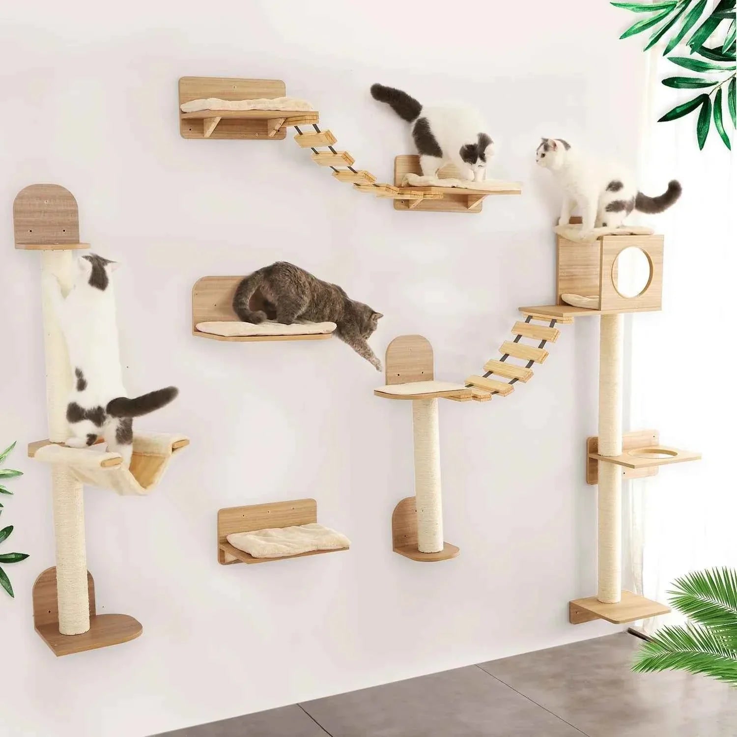 Wall-Mounted Cat Climbing Rope with Solid Wood and Sisal
