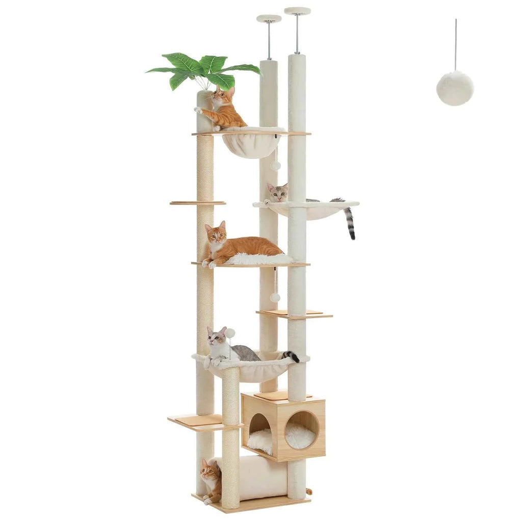 Height-Adjustable Wooden Cat Tree with Hammock and Sisal Posts