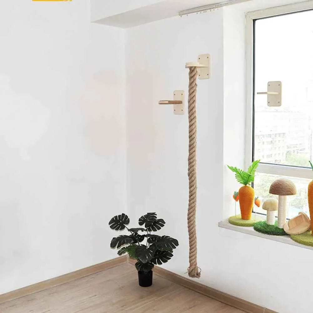 Wall-Mounted Cat Climbing Rope with Solid Wood and Sisal