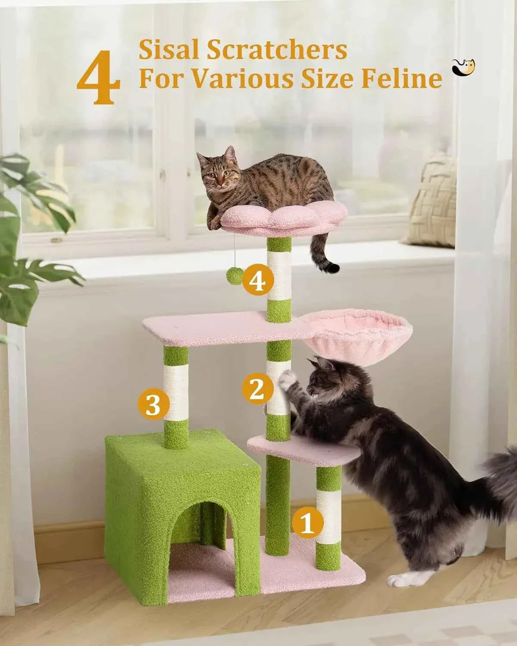 Large Cat Tree with 2-Door Condo, Floral Perch & Hammock