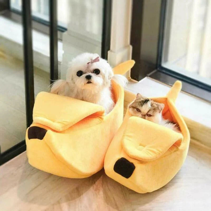 Banana-Shaped Plush Pet Bed for Cats and Small Dogs