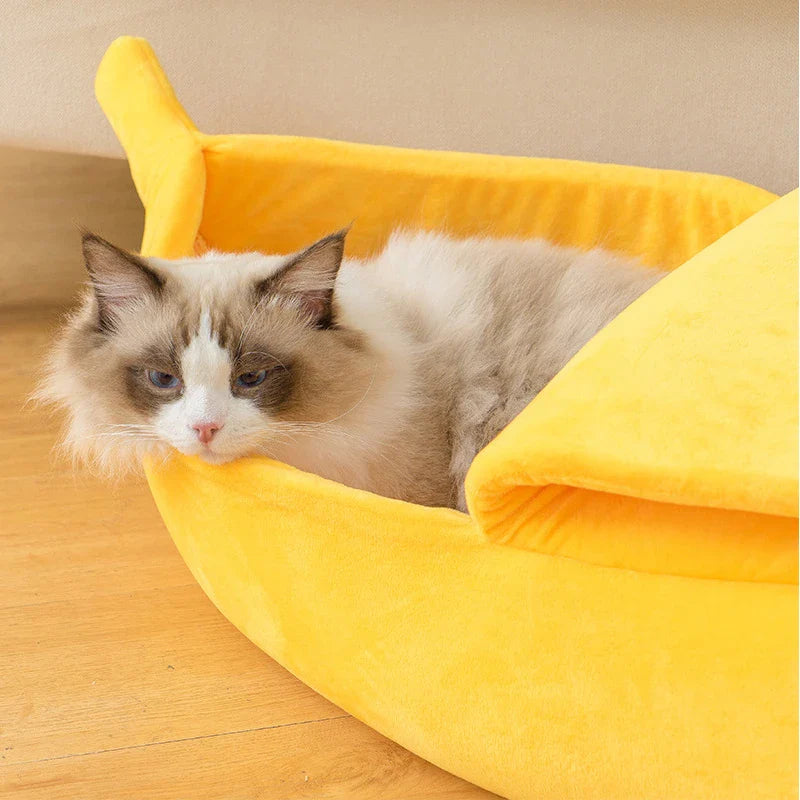 Banana-Shaped Plush Pet Bed for Cats and Small Dogs