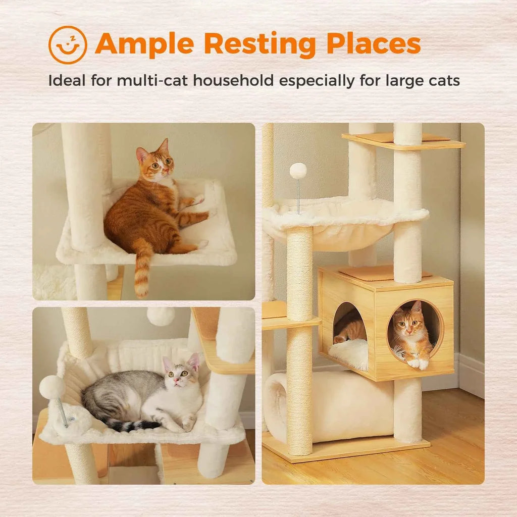 Height-Adjustable Wooden Cat Tree with Hammock and Sisal Posts