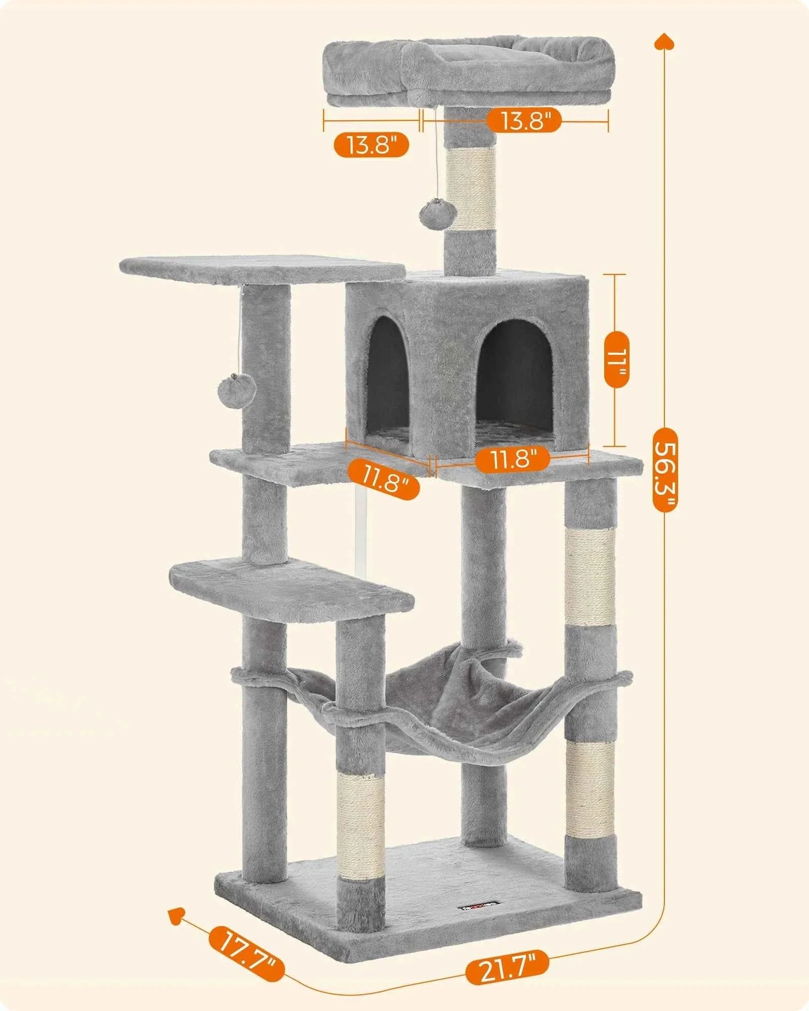 Multi-Level Cat Tree for 4 Cats, 56.3" with Hammock & Condo