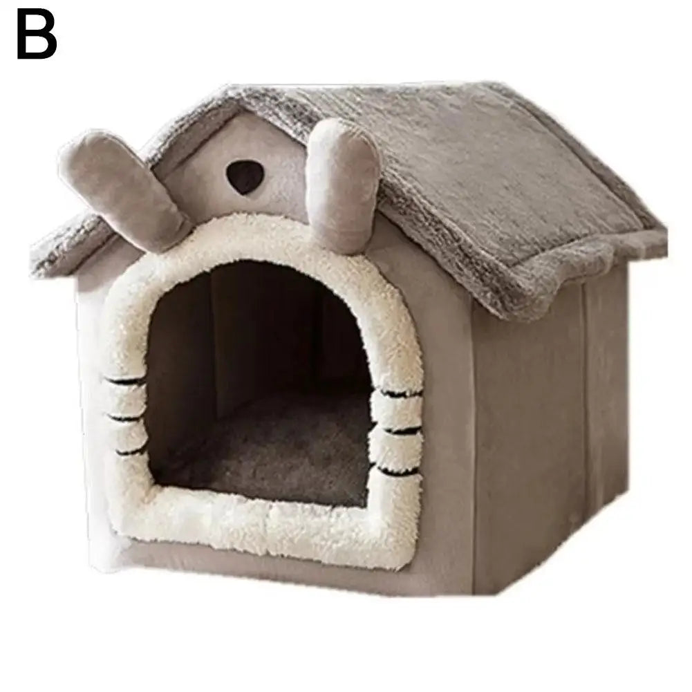 Thick Plush Semi-Enclosed Cat & Small Dog House Bed 13 x 11.8 x 12.6 in (33 x 30 x 32 cm) Removable Washable Cushion Non-Slip Base