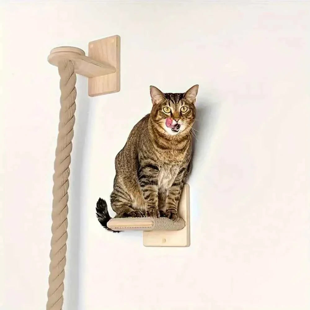 Wall-Mounted Cat Climbing Rope with Solid Wood and Sisal
