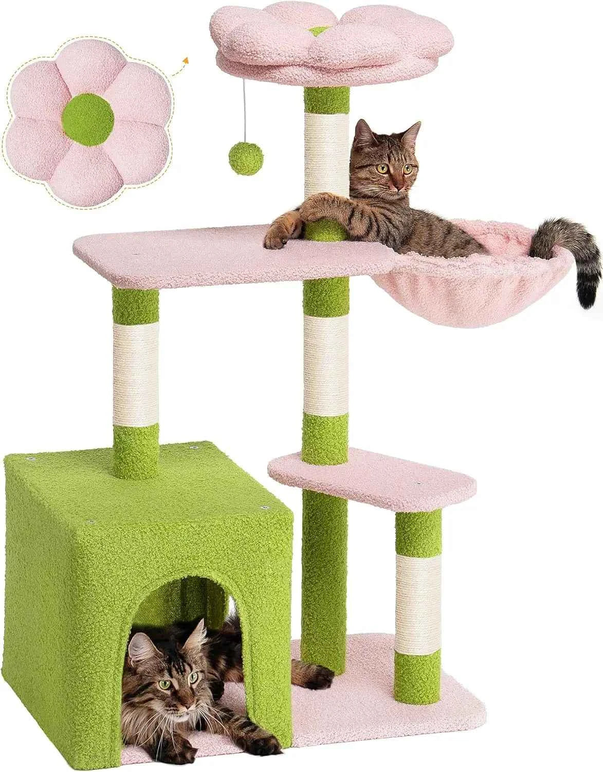 Large Cat Tree with 2-Door Condo, Floral Perch & Hammock