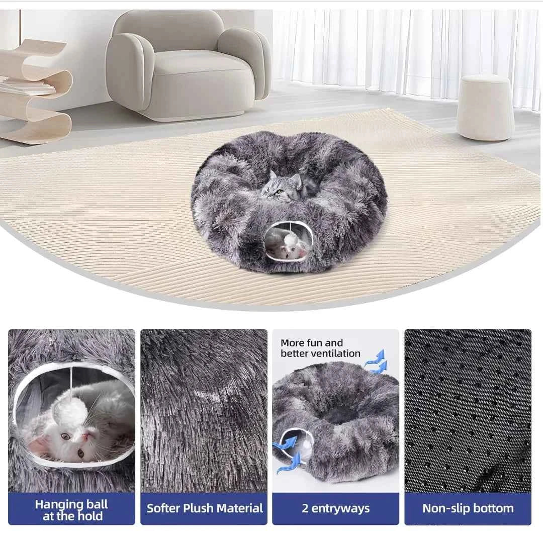 Plush Cat Tunnel Bed with Removable Cover