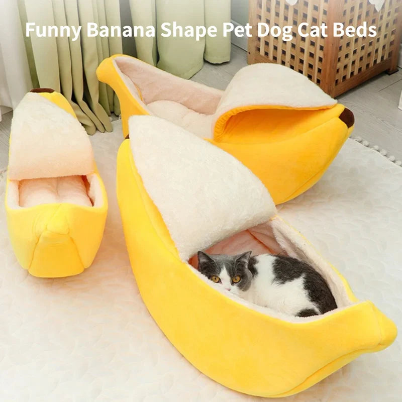 Banana-Shaped Plush Pet Bed for Cats and Small Dogs