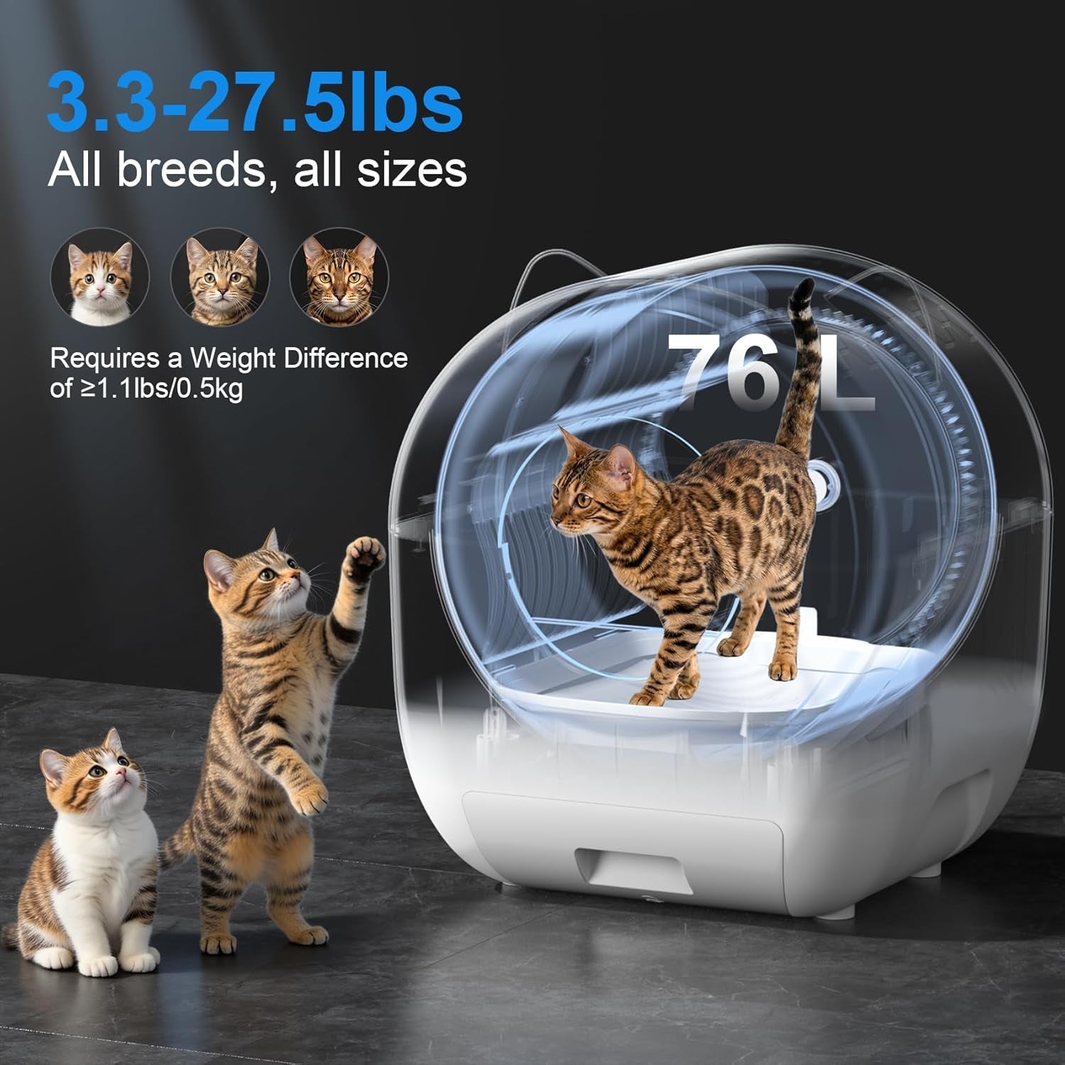 Self Cleaning Cat Litter Box 76L Smart App Control Quiet Multi-Cat