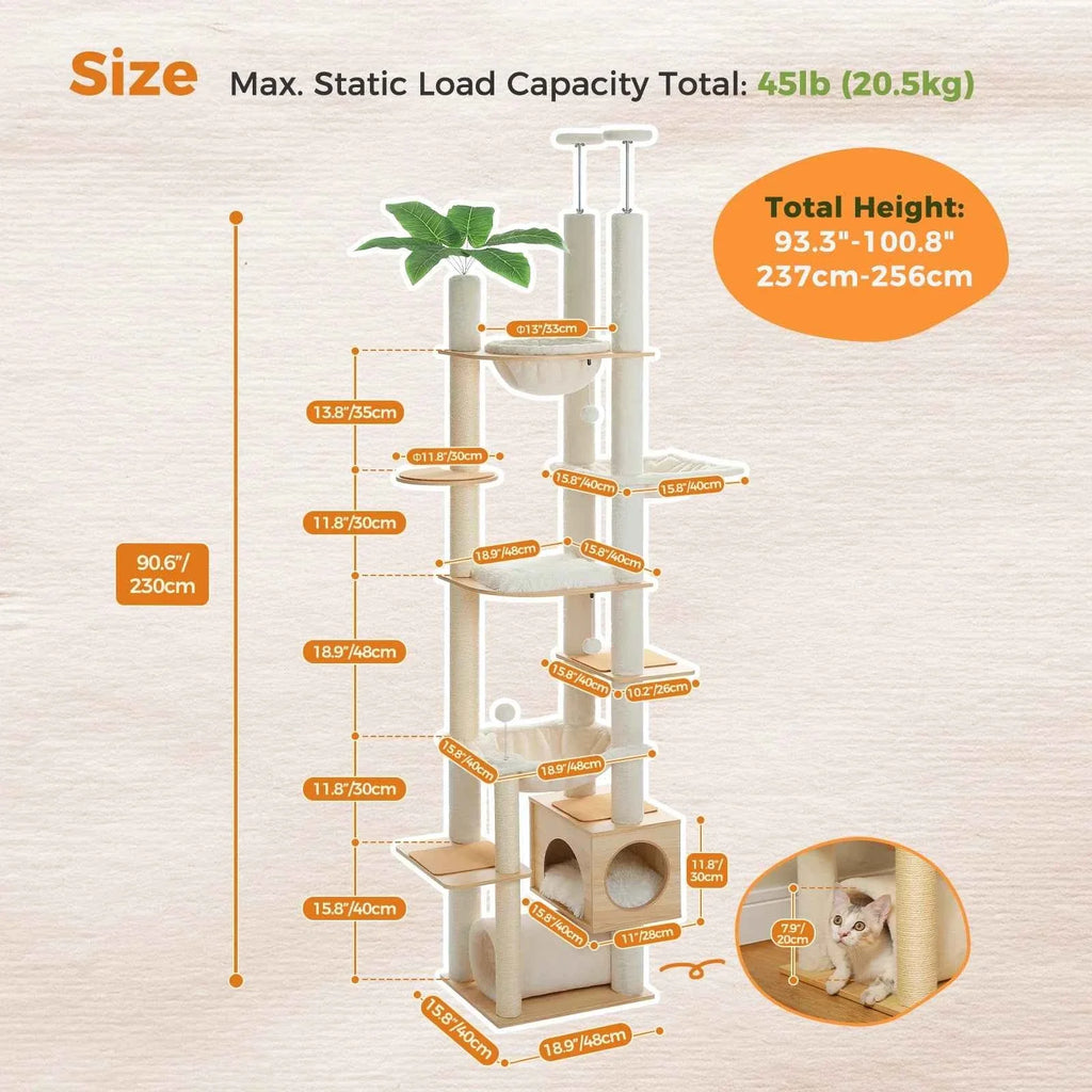 Height-Adjustable Wooden Cat Tree with Hammock and Sisal Posts