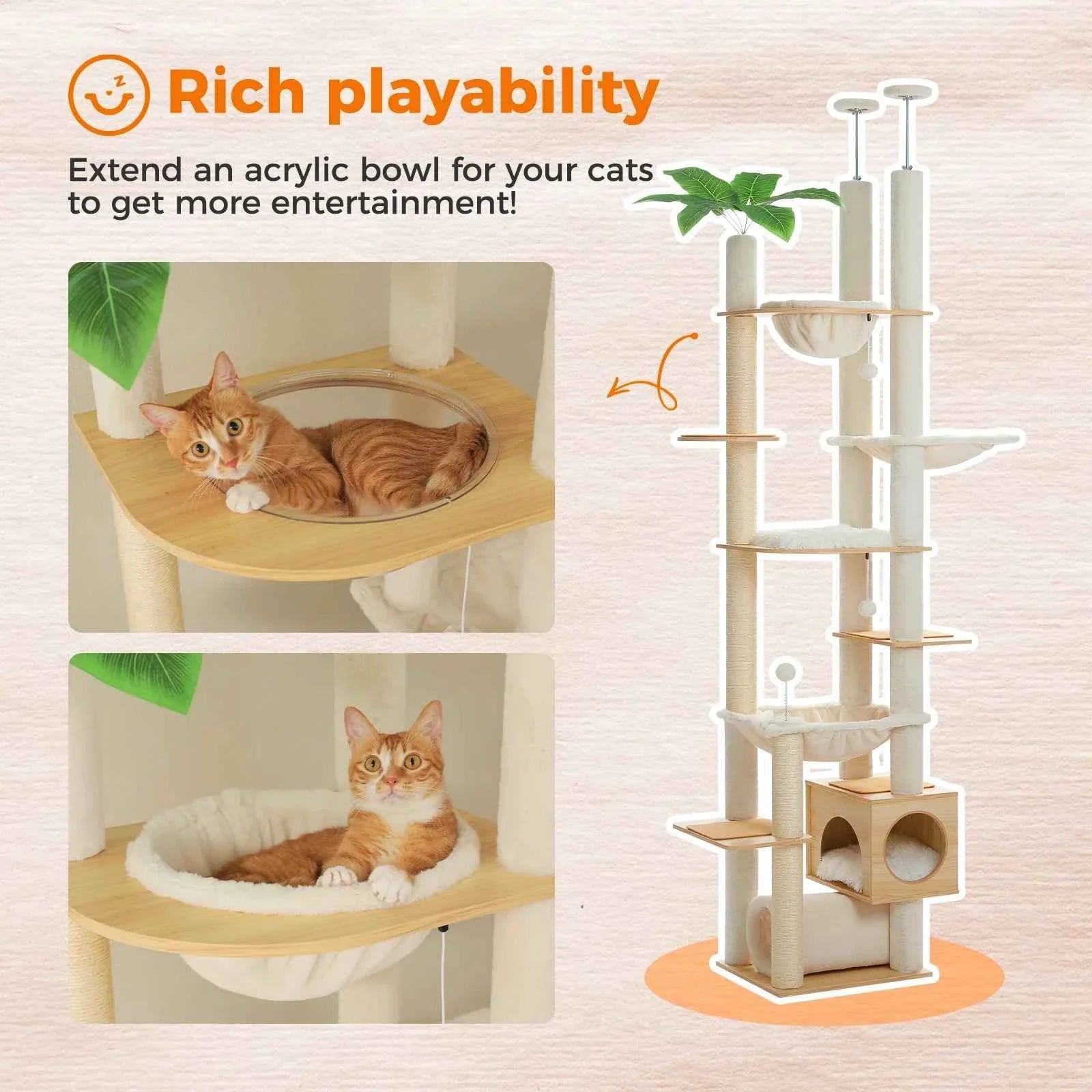 Height-Adjustable Wooden Cat Tree with Hammock and Sisal Posts