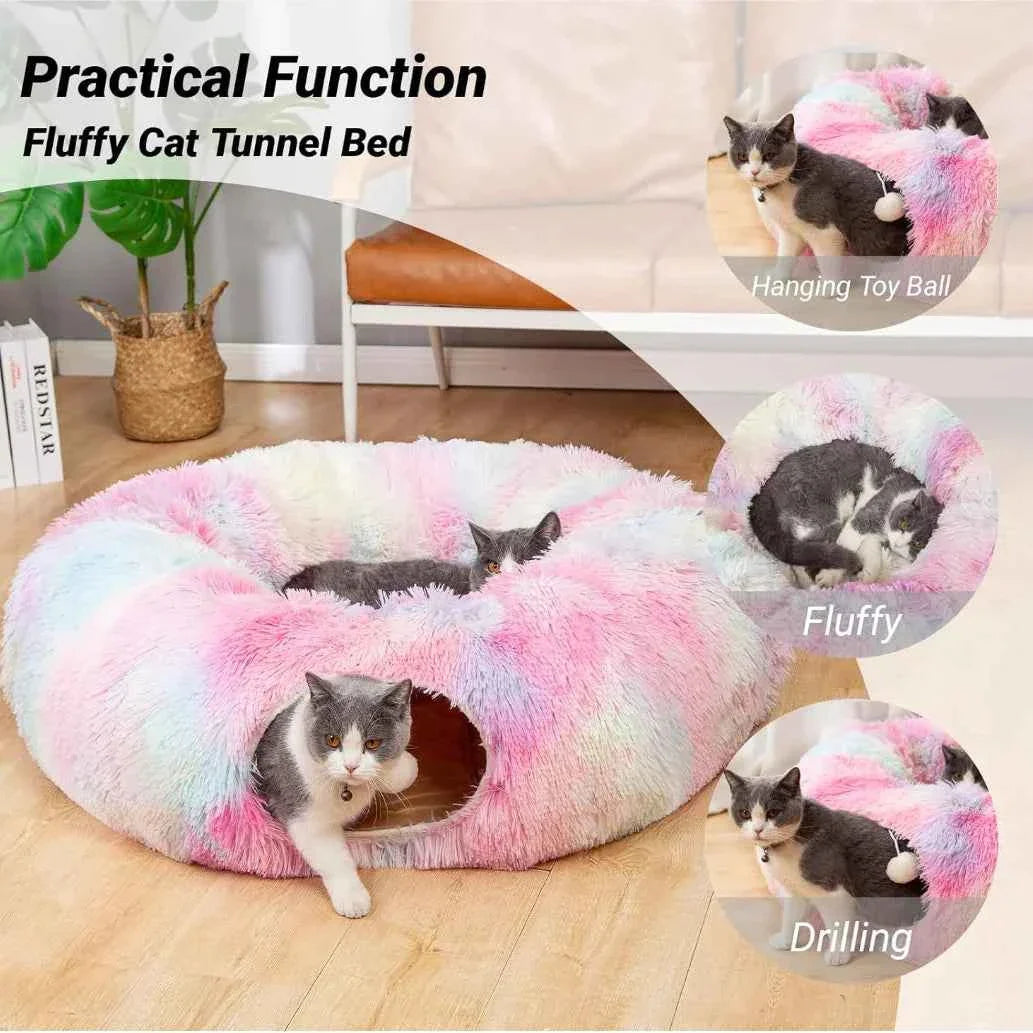 Plush Cat Tunnel Bed with Removable Cover