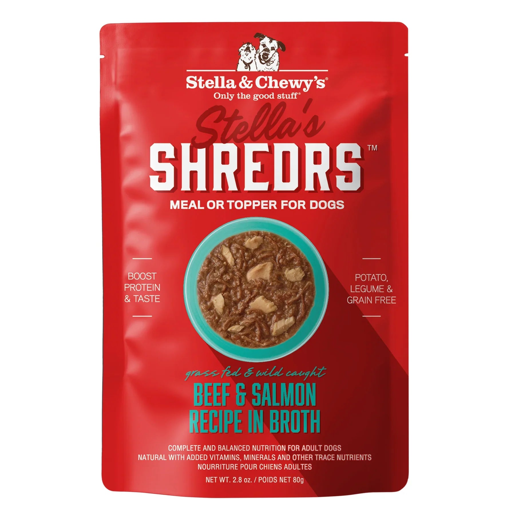Beef & Salmon Shredded Dog Food in Broth, Adult Recipe