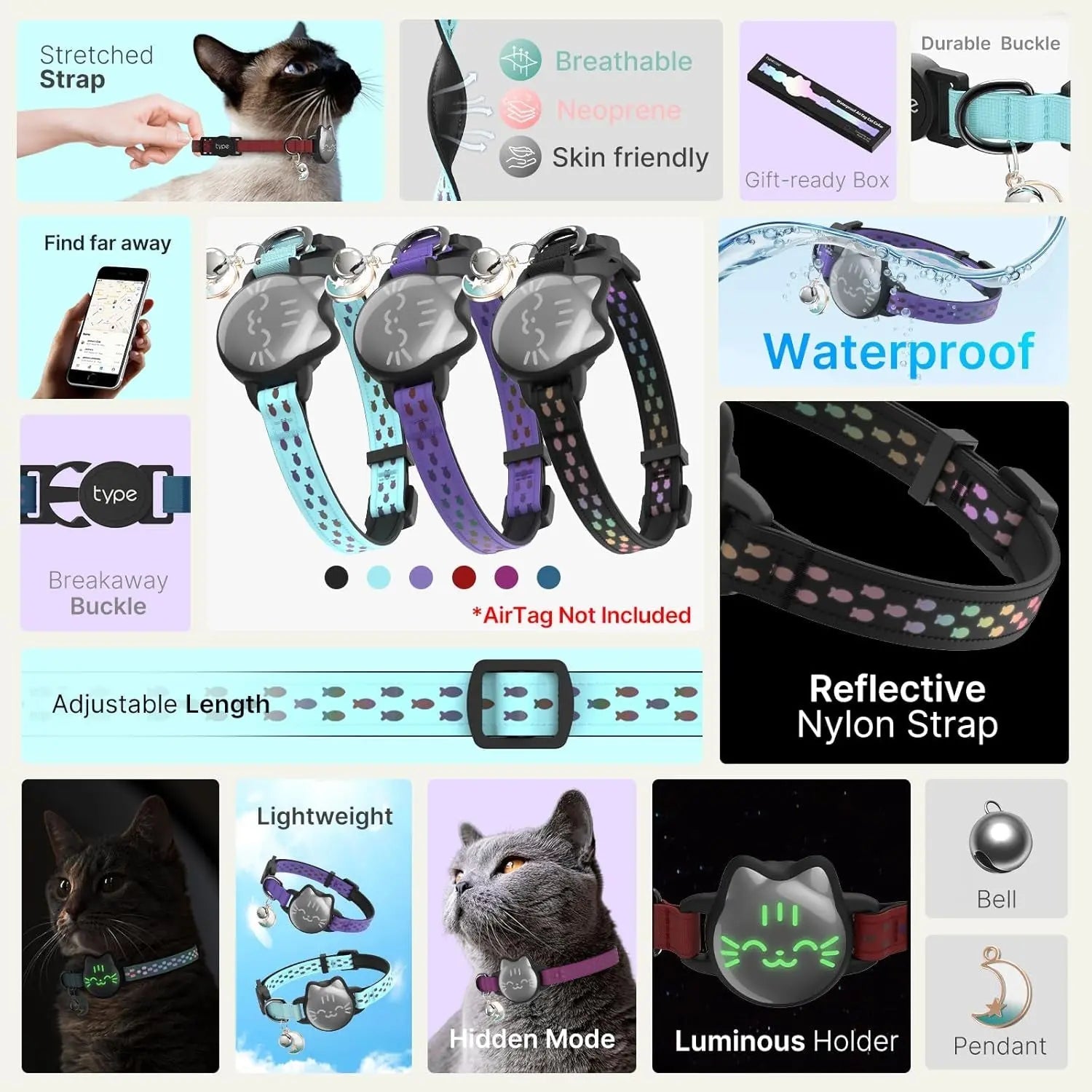 Reflective Waterproof AirTag Cat Collar with Breakaway Buckle