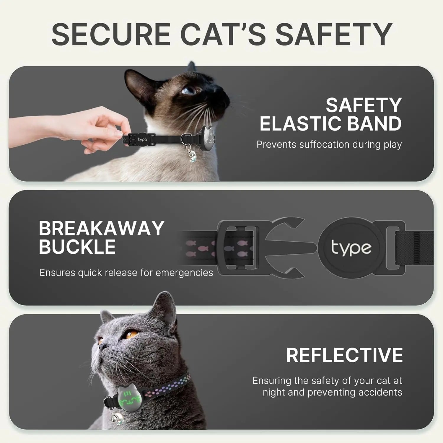 Reflective Waterproof AirTag Cat Collar with Breakaway Buckle