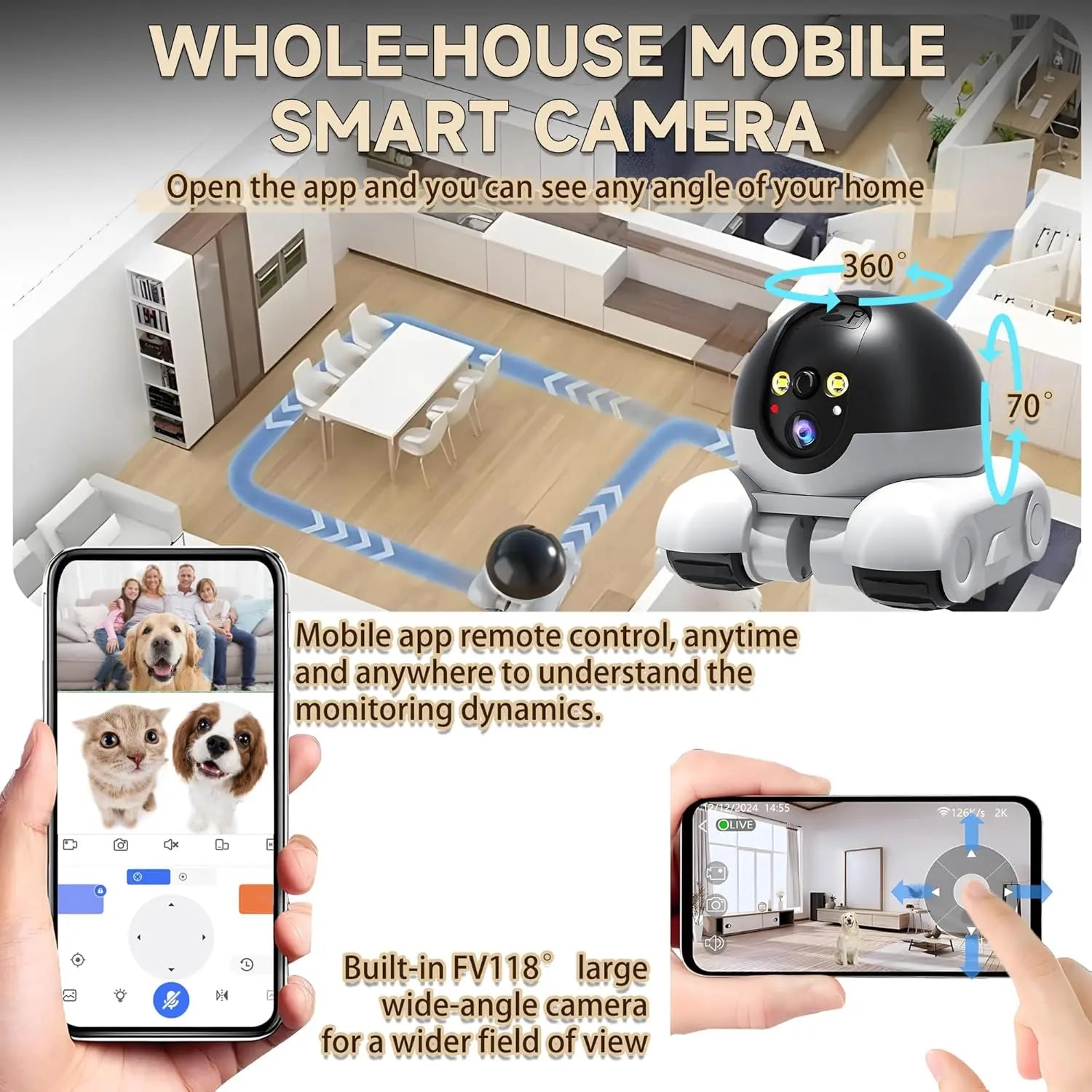 WiFi Pet Camera with Dual-Lens, Laser Play & Two-Way Audio