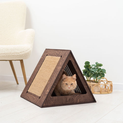 Wooden Cat House in Dark Walnut Finish