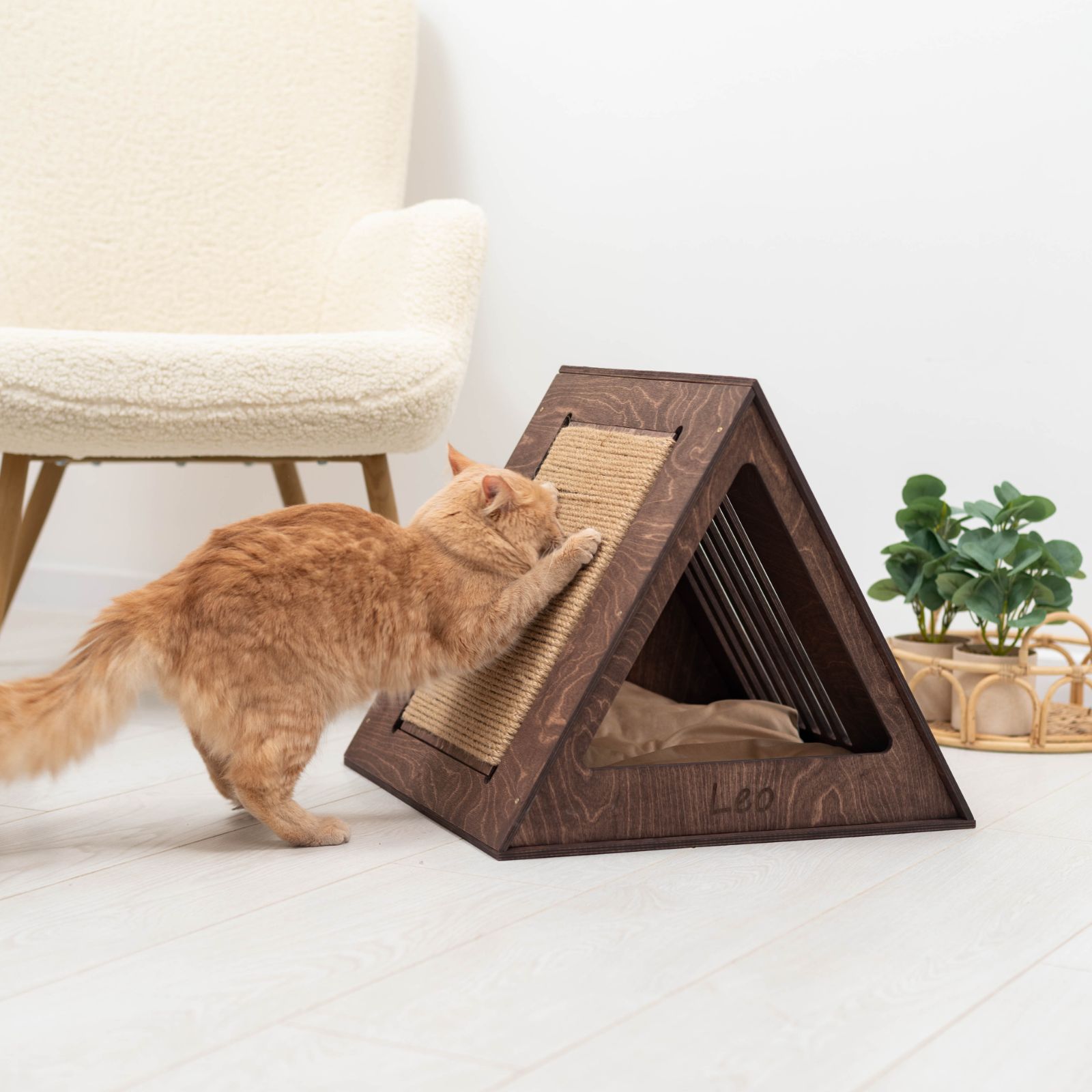 Wooden Cat House in Dark Walnut Finish
