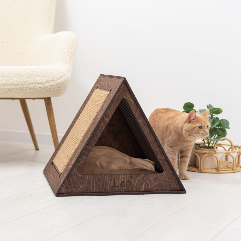 Wooden Cat House in Dark Walnut Finish