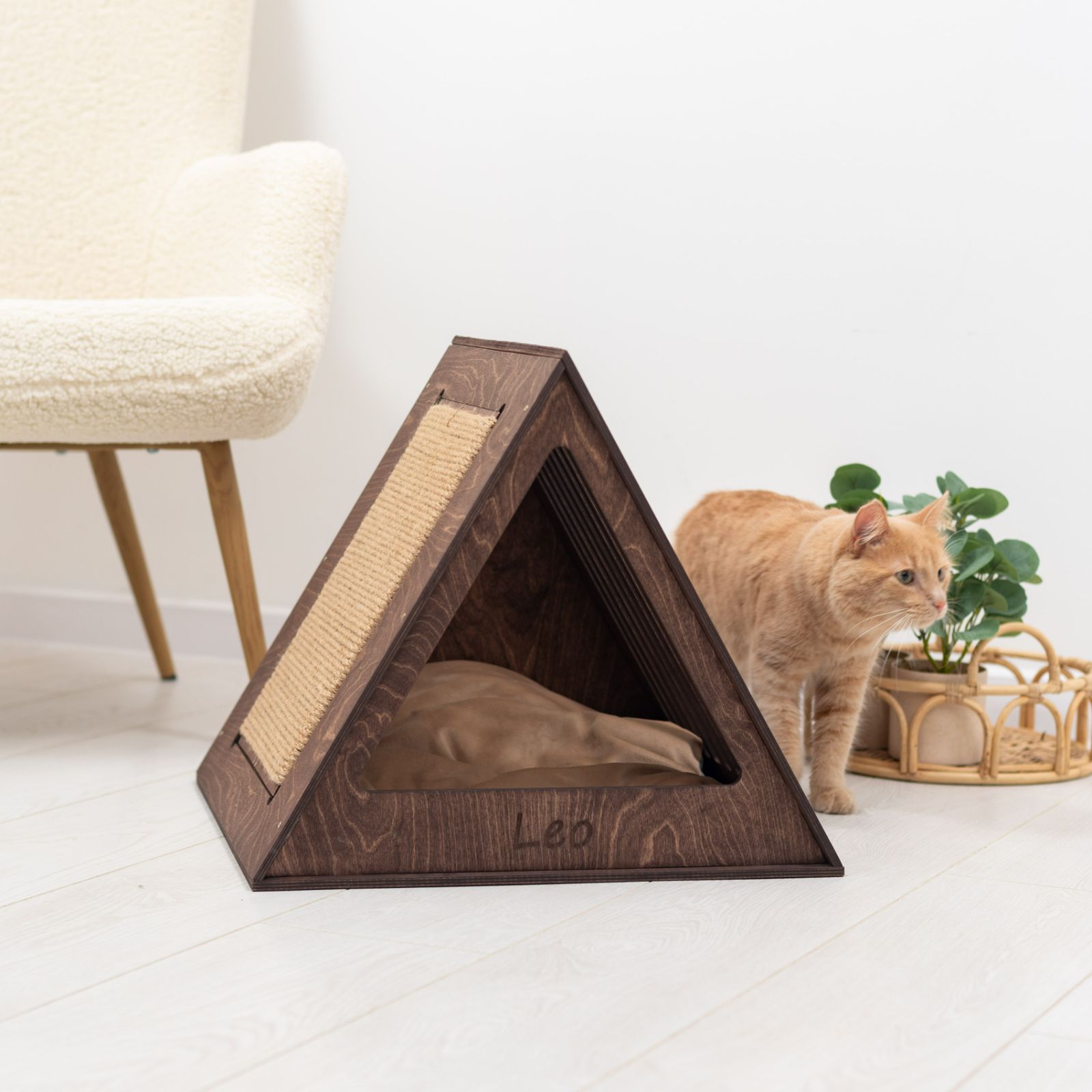 Wooden Cat House in Dark Walnut Finish