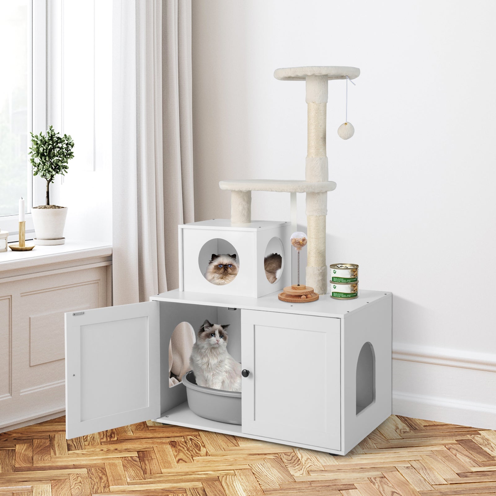 Cat Tree with Litter Box Enclosure with Cat Condo-White