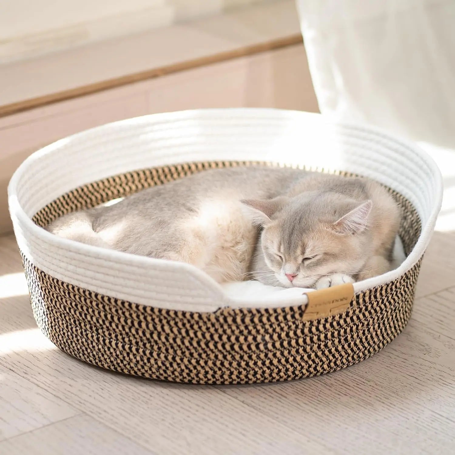 Woven Cotton Rope Pet Bed Basket with Removable Cushion, 18.5" Round