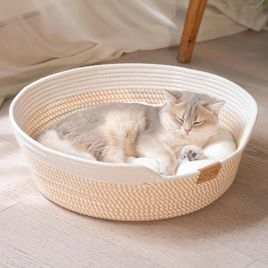 Woven Cotton Rope Pet Bed Basket with Removable Cushion, 18.5" Round