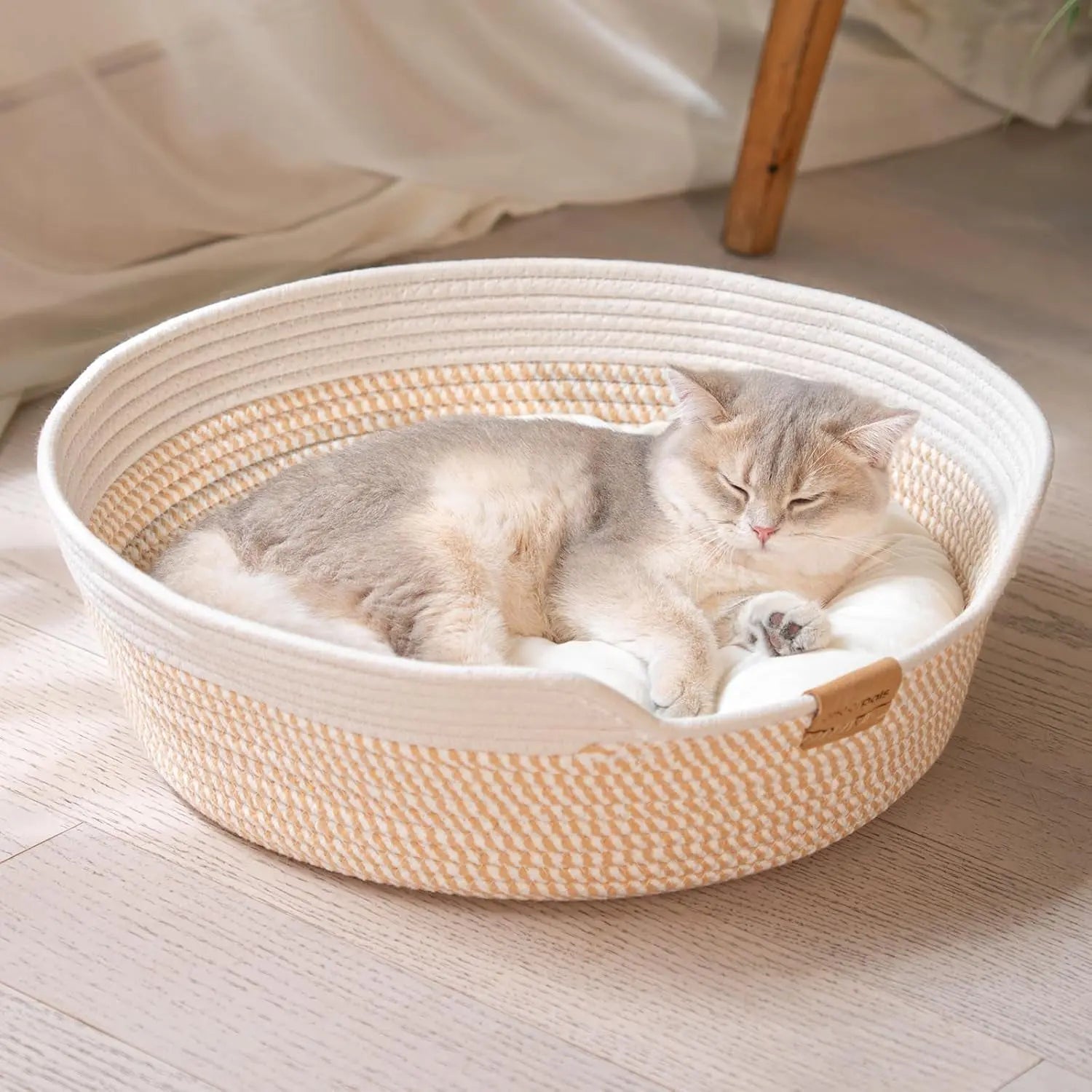 Woven Cotton Rope Pet Bed Basket with Removable Cushion, 18.5" Round