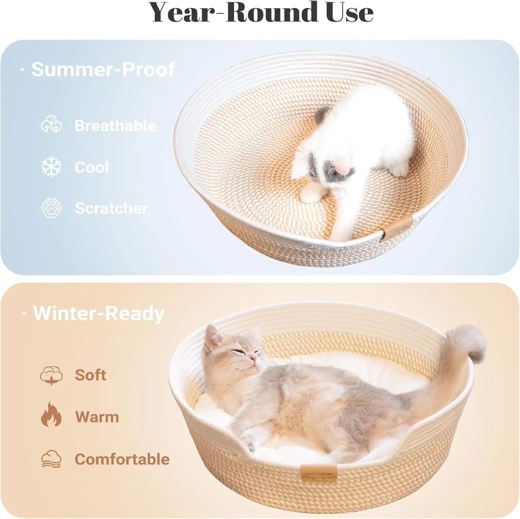 Woven Cotton Rope Pet Bed Basket with Removable Cushion, 18.5" Round