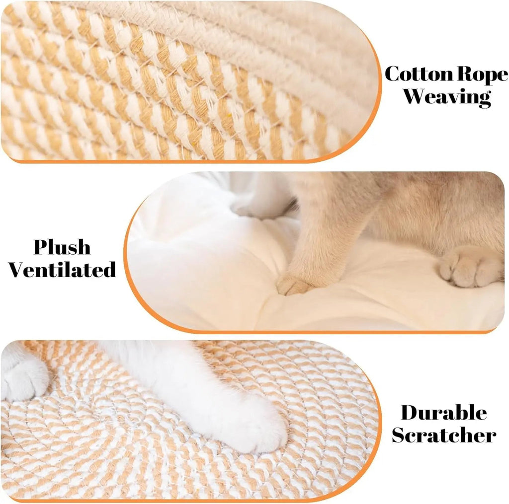 Woven Cotton Rope Pet Bed Basket with Removable Cushion, 18.5" Round