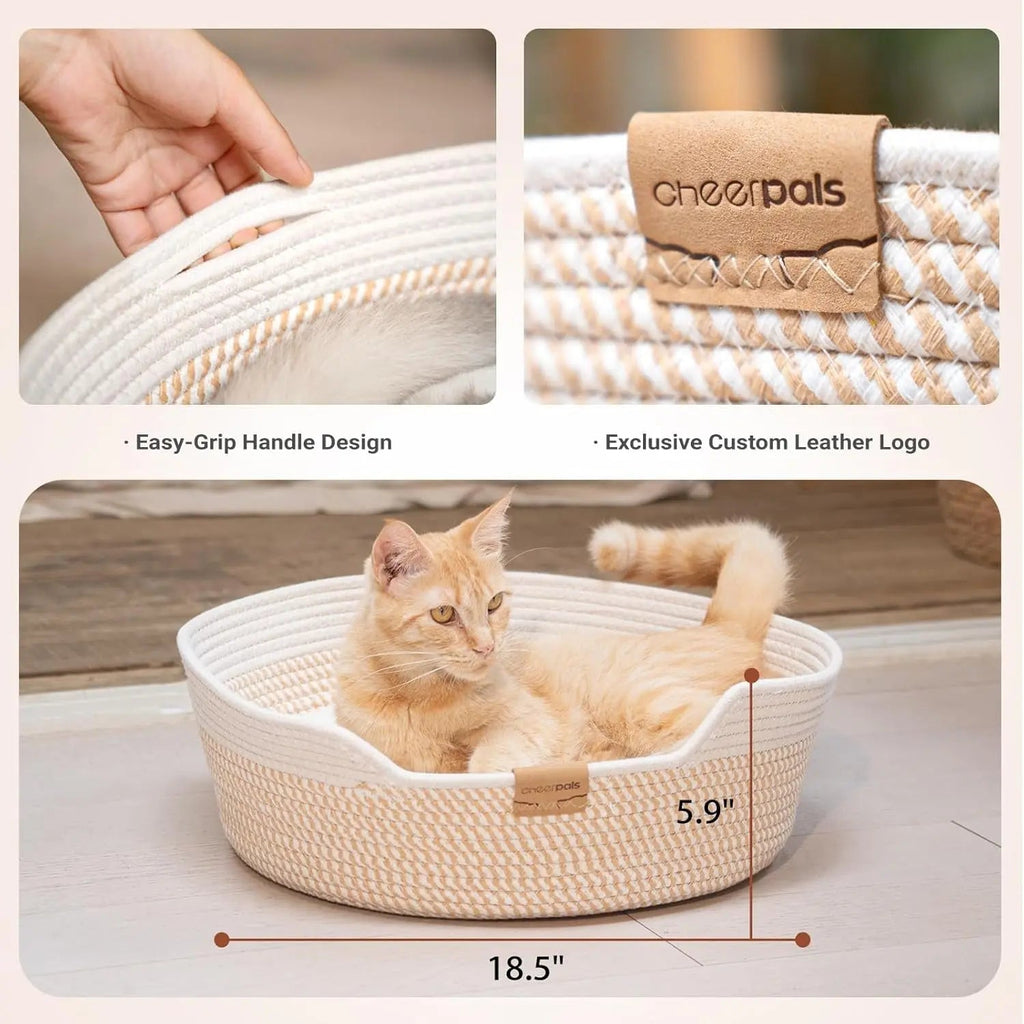 Woven Cotton Rope Pet Bed Basket with Removable Cushion, 18.5" Round