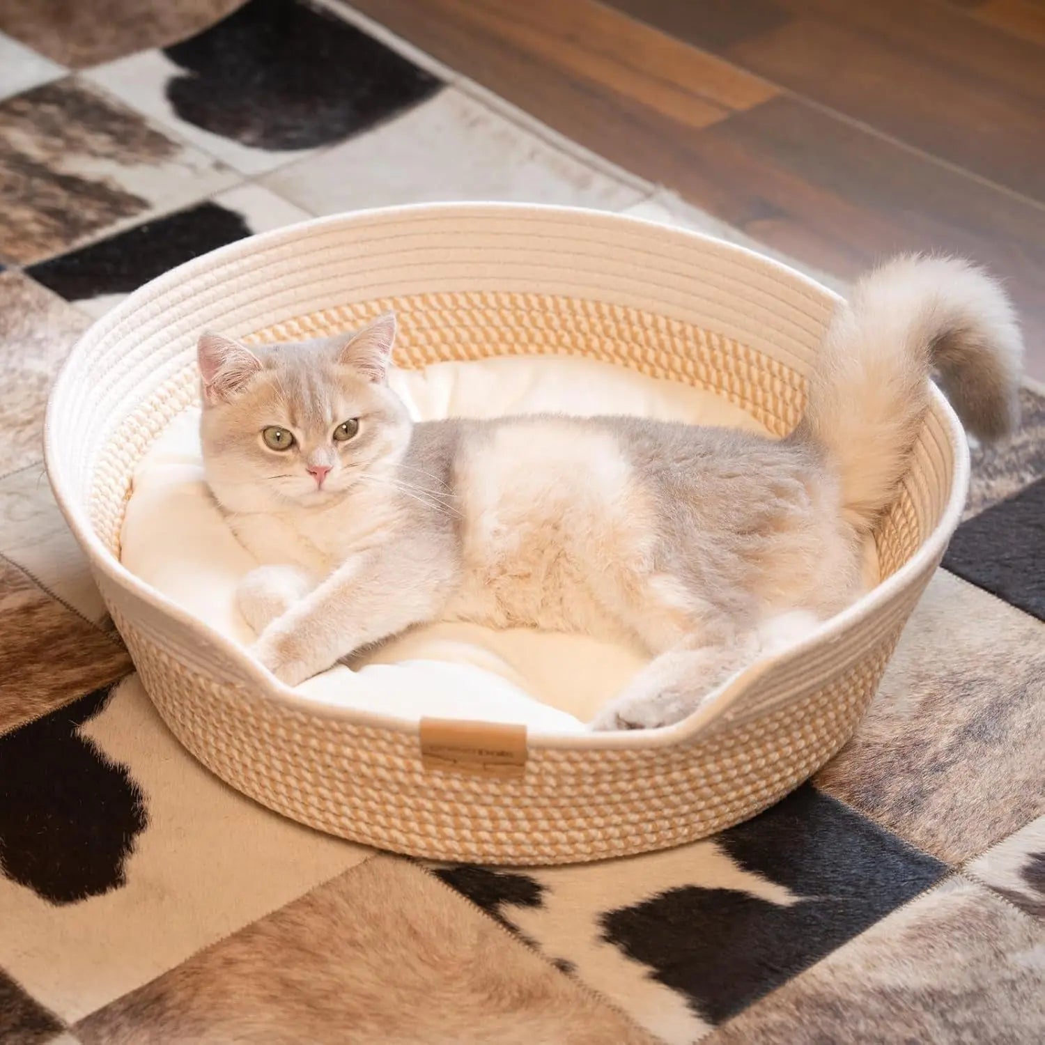 Woven Cotton Rope Pet Bed Basket with Removable Cushion, 18.5" Round